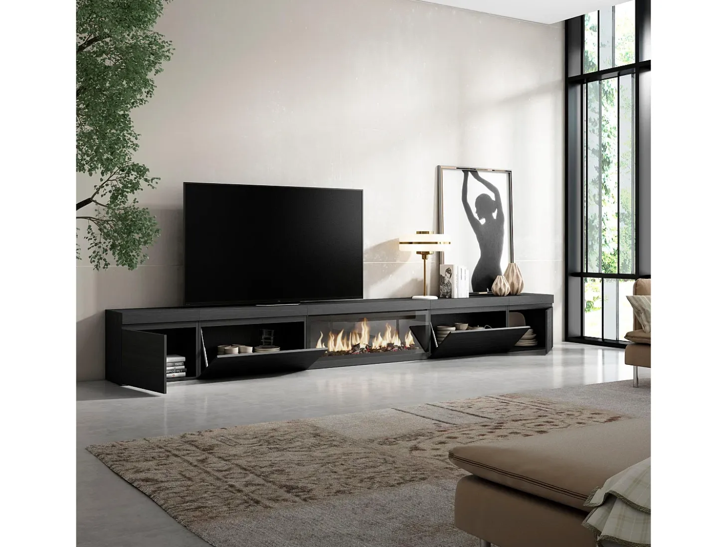 Móvel de TV, 368x35x45, Lareira eléctrica XXL, Preto