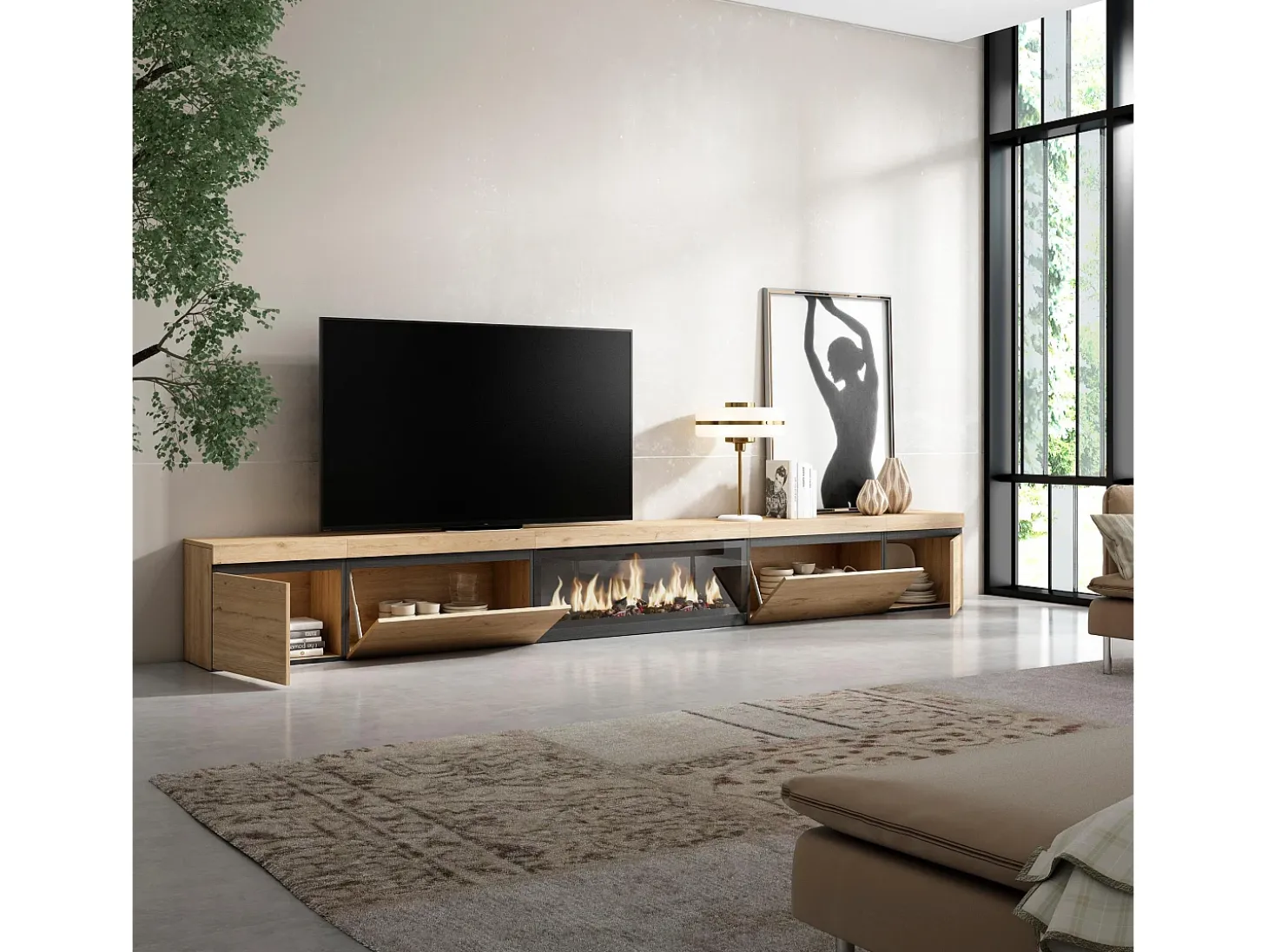 Móvel de TV, 368x35x45, Lareira eléctrica XXL, Carvalho