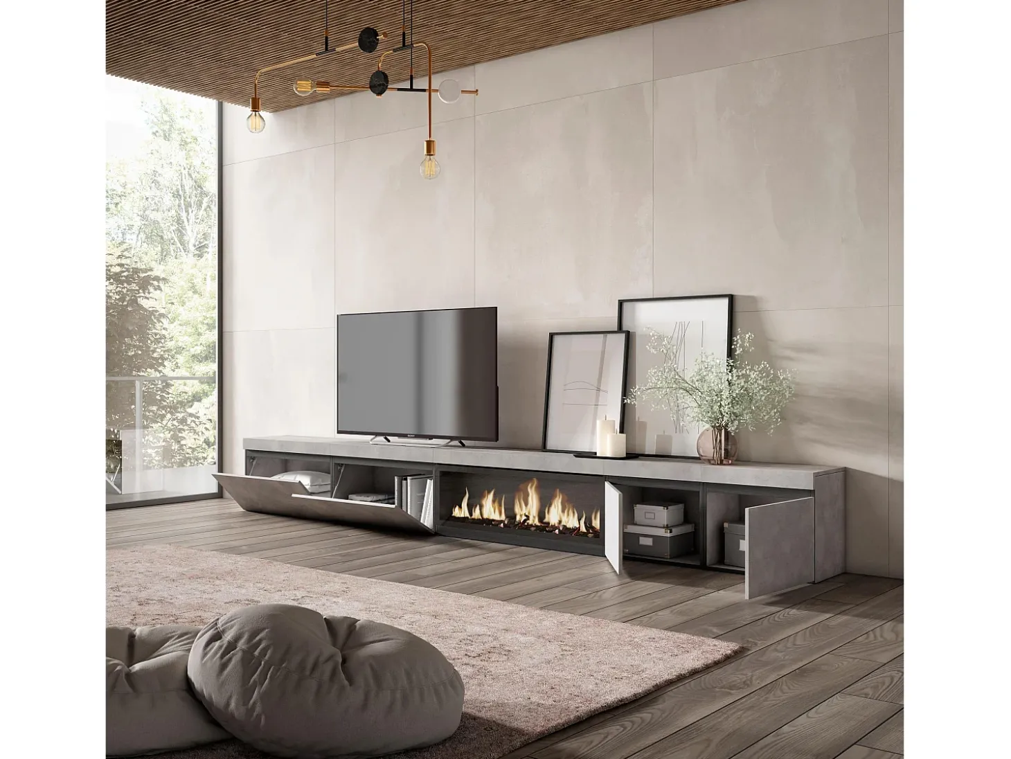 Móvel de TV, 368x35x45, Lareira eléctrica XXL, Cimento