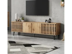 Móvel de TV 180x40x55cm com 4 portas, incluindo 2 portas vazadas, corpo em folheado de madeira natural claro