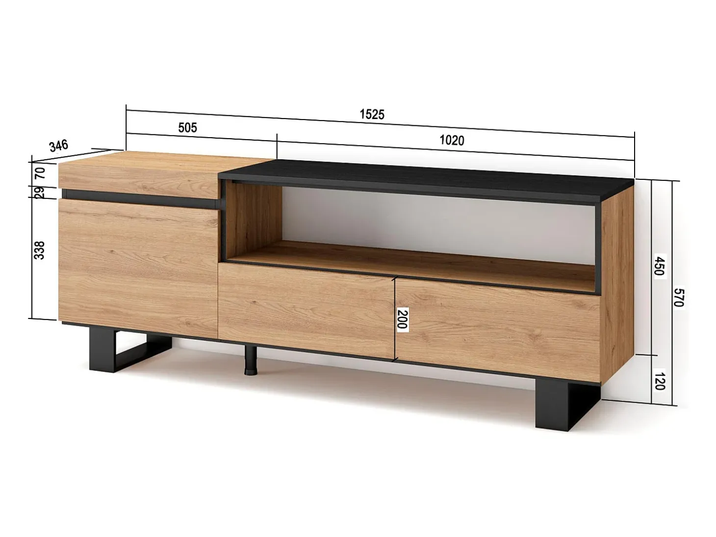 Móvel de TV, 150x35x57cm, Para televisores até 65", Design industrial, Carvahlo e preto