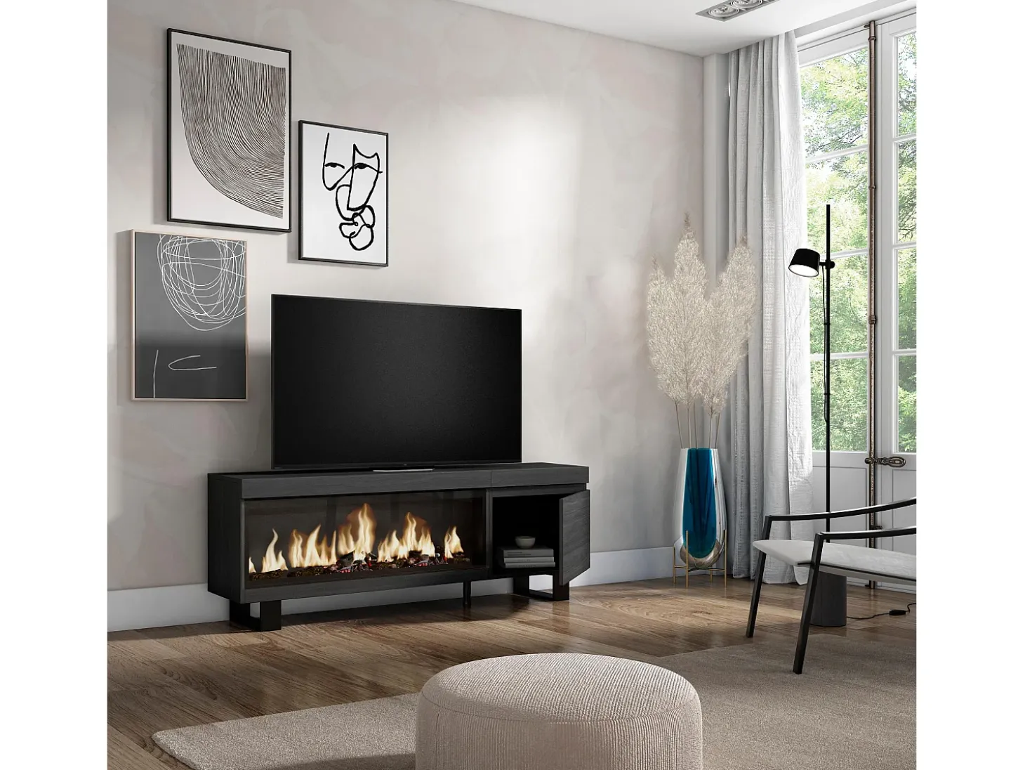 Móvel de TV, 158x35x57cm, Para televisores até 65", Lareira eléctrica XXL, Design industrial, Preto