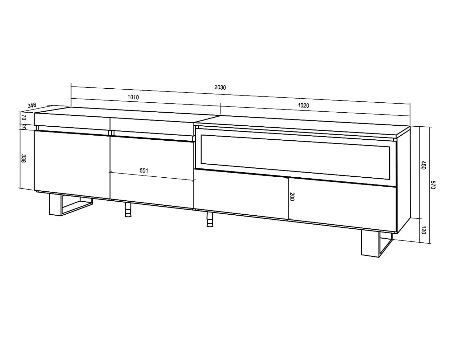 Móvel de TV, 200x35x57cm, Para televisores até 80", Lareira eléctrica, Design industrial, Preto