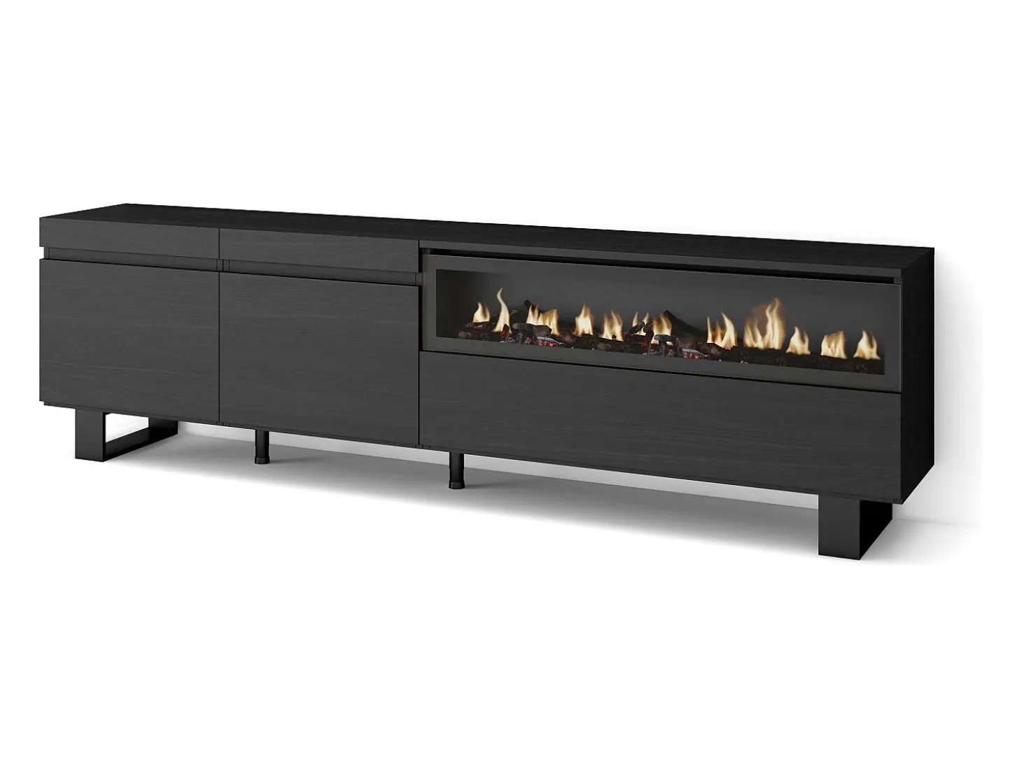 Móvel de TV, 200x35x57cm, Para televisores até 80", Lareira eléctrica, Design industrial, Preto