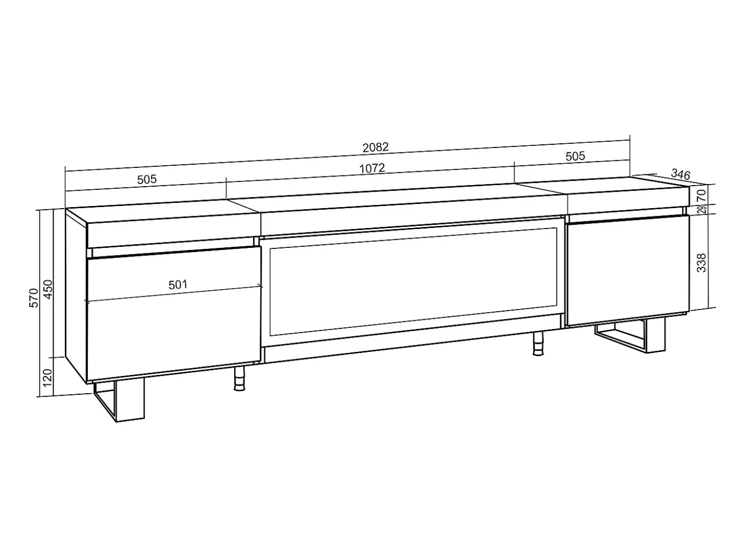 Móvel de TV, 208x35x57cm, Para televisores até 80", Lareira eléctrica XXL, Design industrial, Cimento