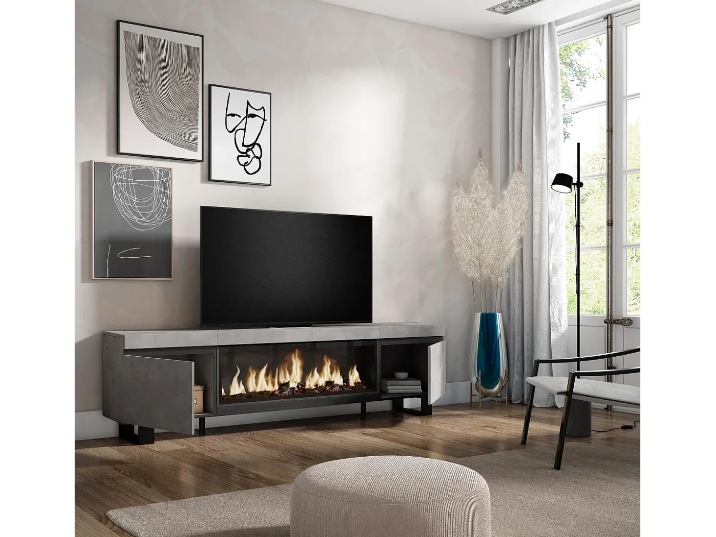 Móvel de TV, 208x35x57cm, Para televisores até 80", Lareira eléctrica XXL, Design industrial, Cimento