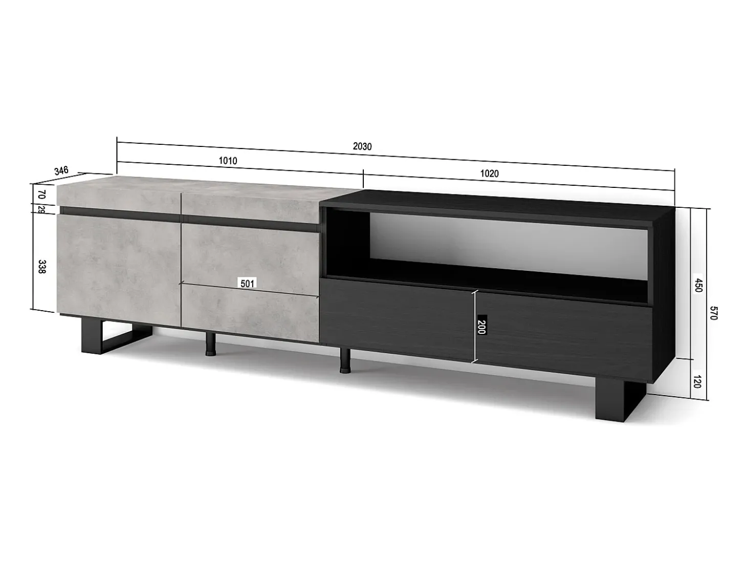 Móvel de TV, 200x35x57cm, Para televisores até 80", Design industrial, Cimento
