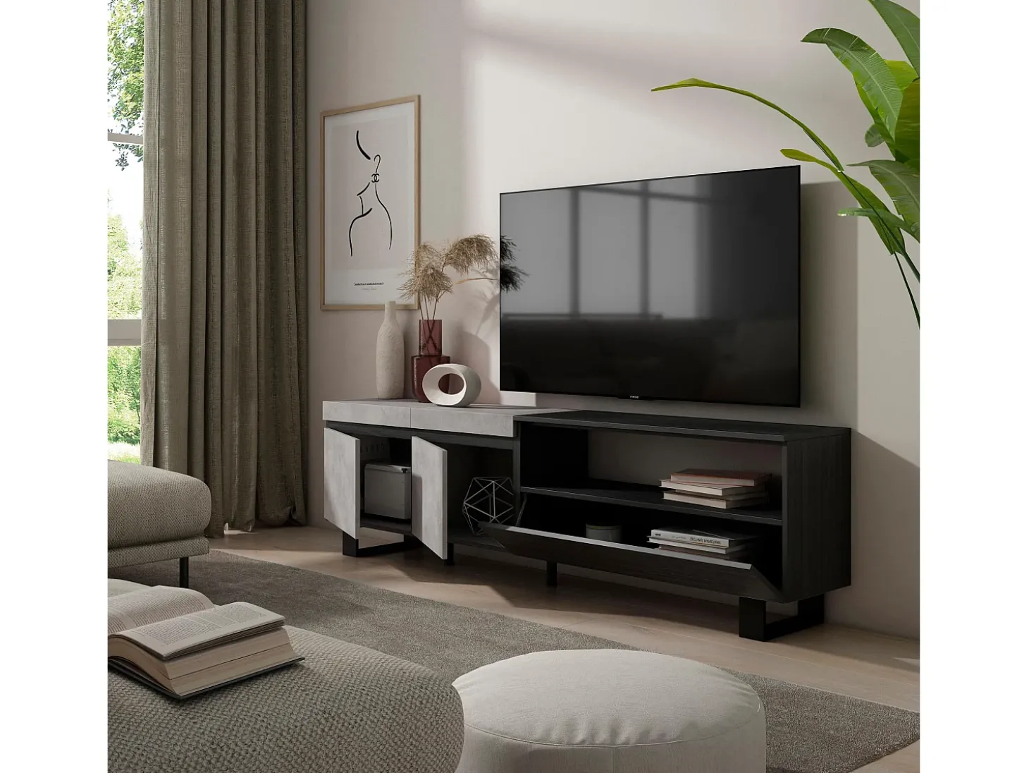 Móvel de TV, 200x35x57cm, Para televisores até 80", Design industrial, Cimento