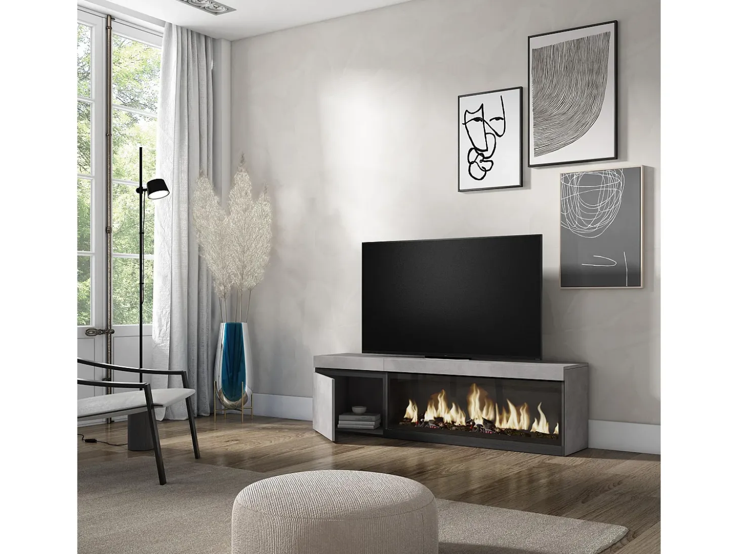 Móvel de TV, 158x35x45cm, Para televisores até 65", Lareira eléctrica XXL, Cimento