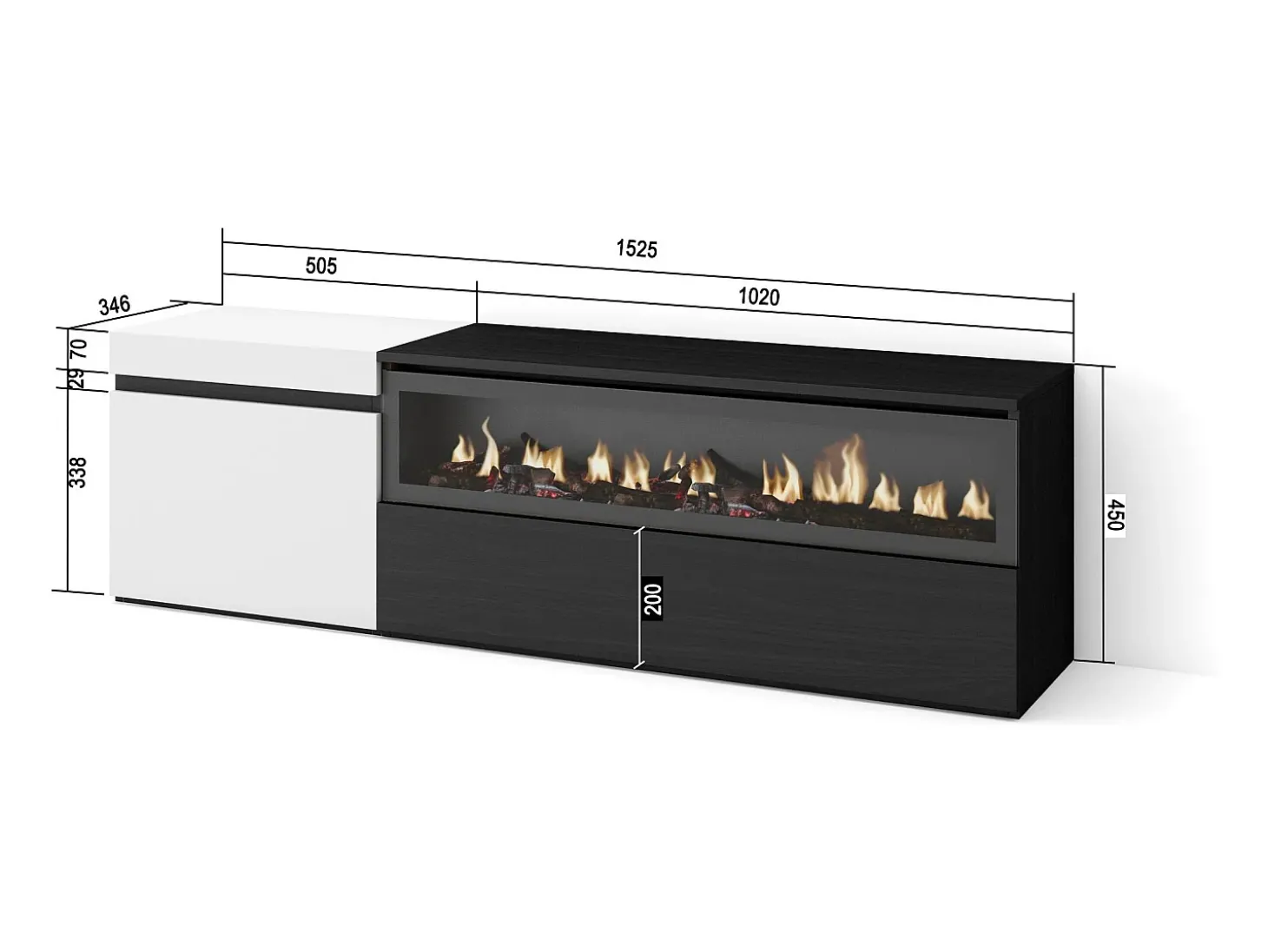 Móvel de TV, 150x35x45cm, Para televisores até 65", Lareira eléctrica, Branco e preto