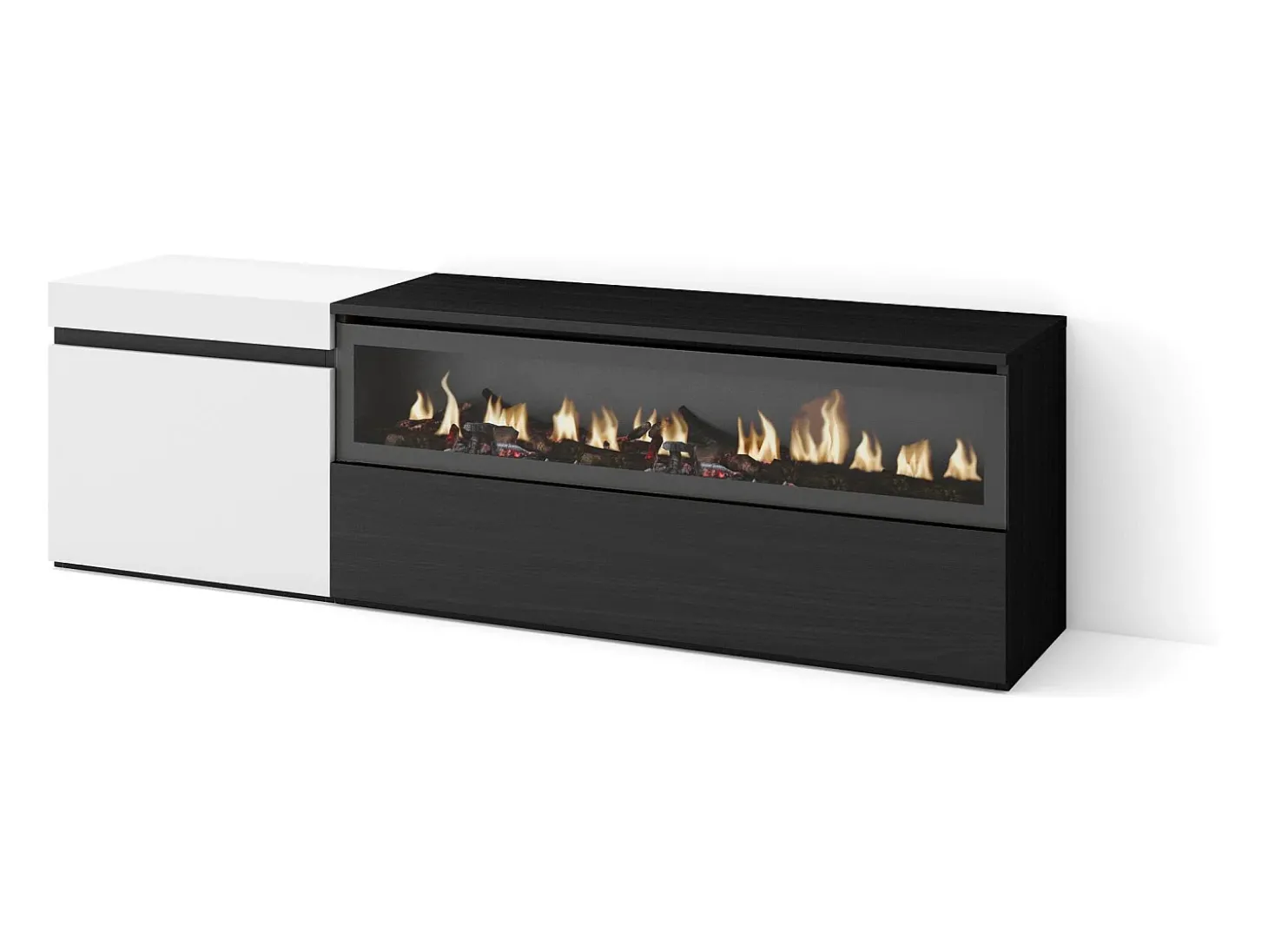 Móvel de TV, 150x35x45cm, Para televisores até 65", Lareira eléctrica, Branco e preto