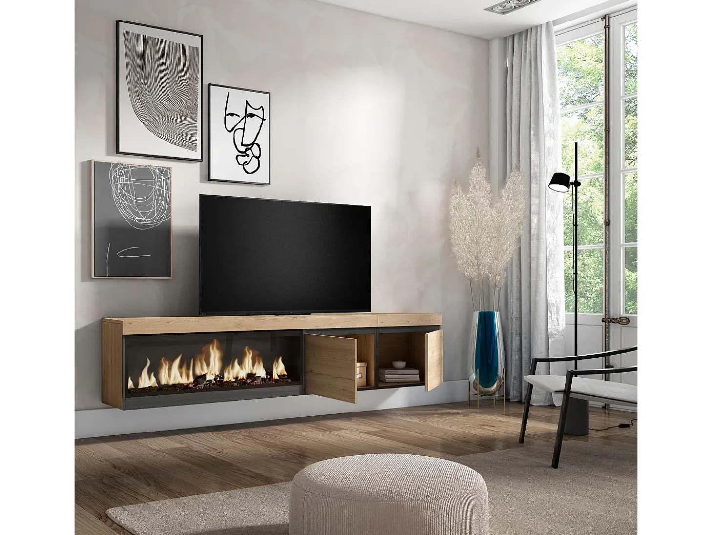 Móvel de TV, 208x35x45cm, Para televisores até 80", Lareira eléctrica XXL, Suspensos, Carvahlo