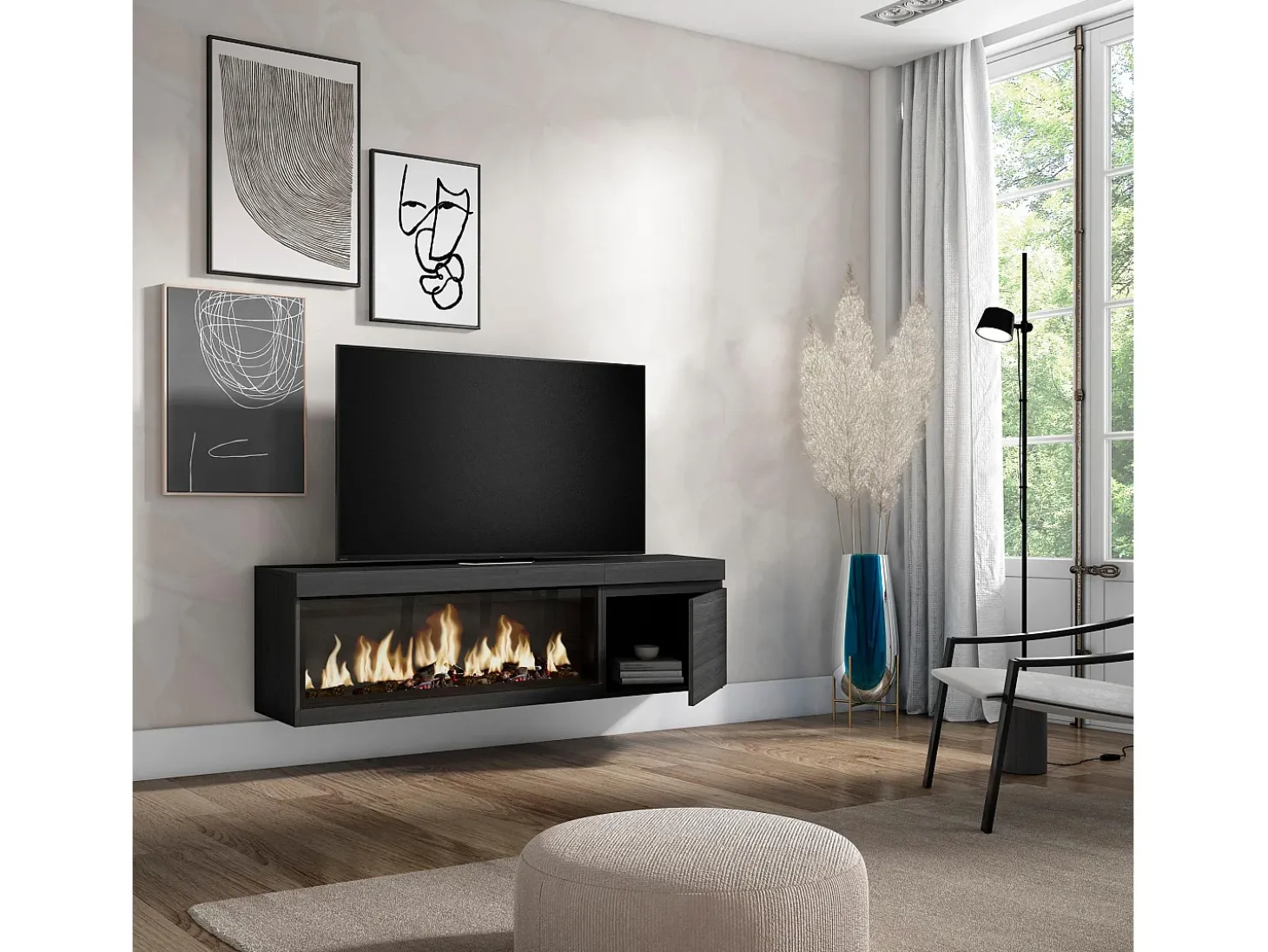 Móvel de TV, 158x35x45cm, Para televisores até 65", Lareira eléctrica XXL, Suspensos, Preto