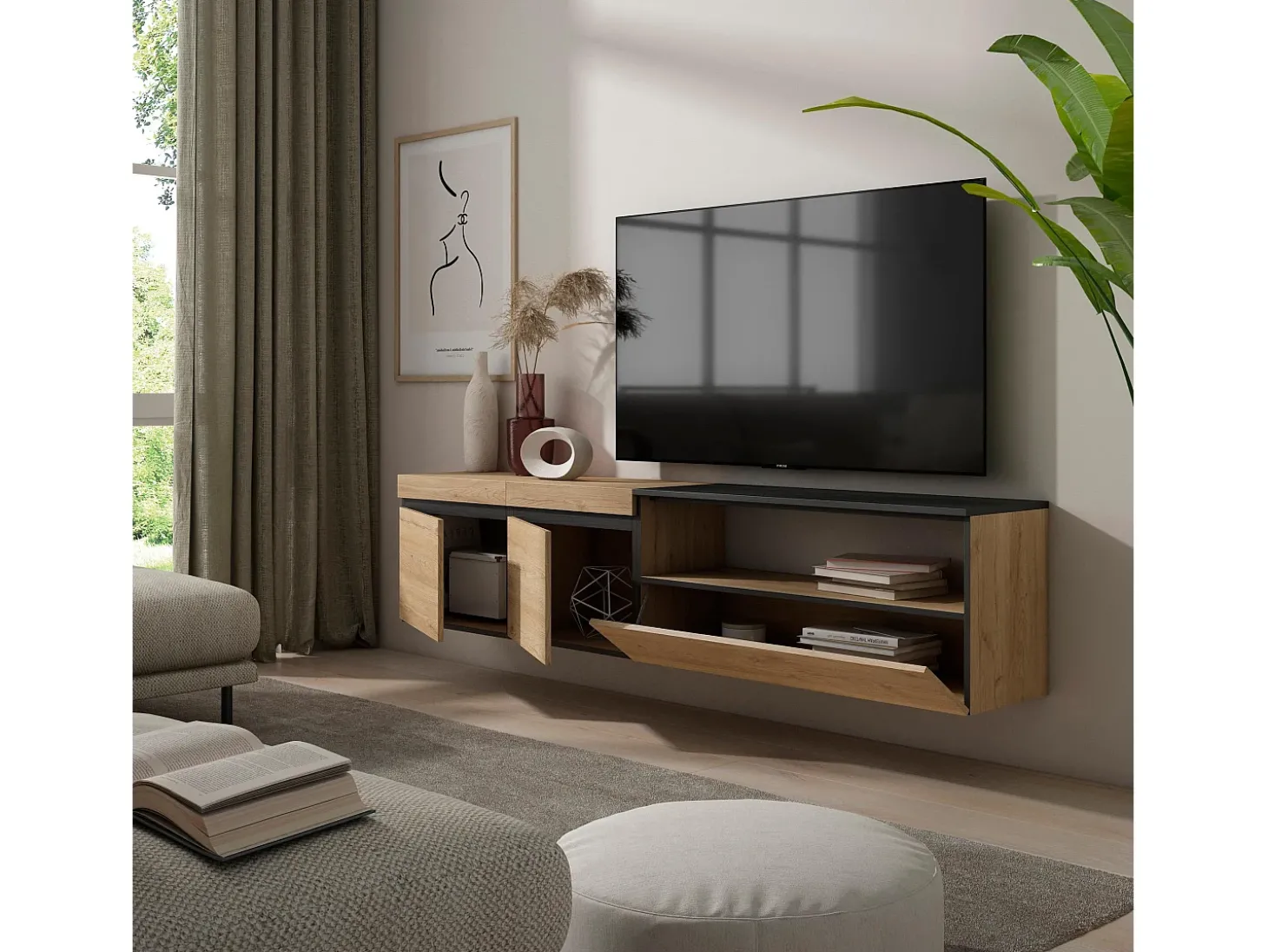 Móvel de TV, 200x35x45cm, Para televisores até 80", Suspensos, Carvahlo e preto