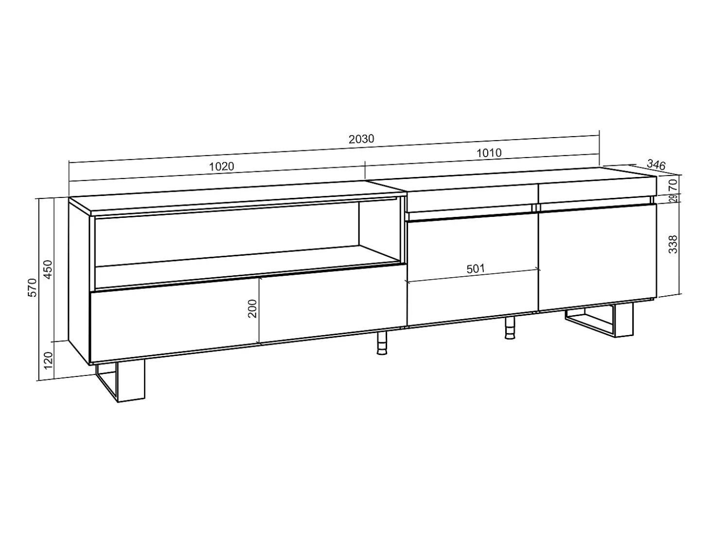 Móvel de TV, 200x35x57cm, Para televisores até 80", Design industrial, Branco e preto