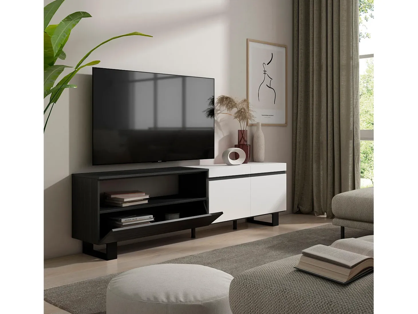 Móvel de TV, 200x35x57cm, Para televisores até 80", Design industrial, Branco e preto