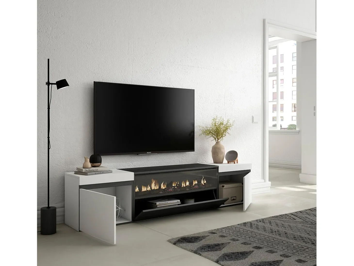 Móvel de TV, 200x35x45cm, Para televisores até 80", Lareira eléctrica, Branco e preto
