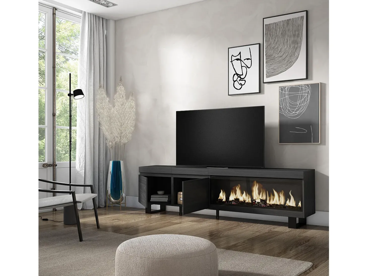 Móvel de TV, 208x35x57cm, Para televisores até 80", Lareira eléctrica XXL, Design industrial, Preto