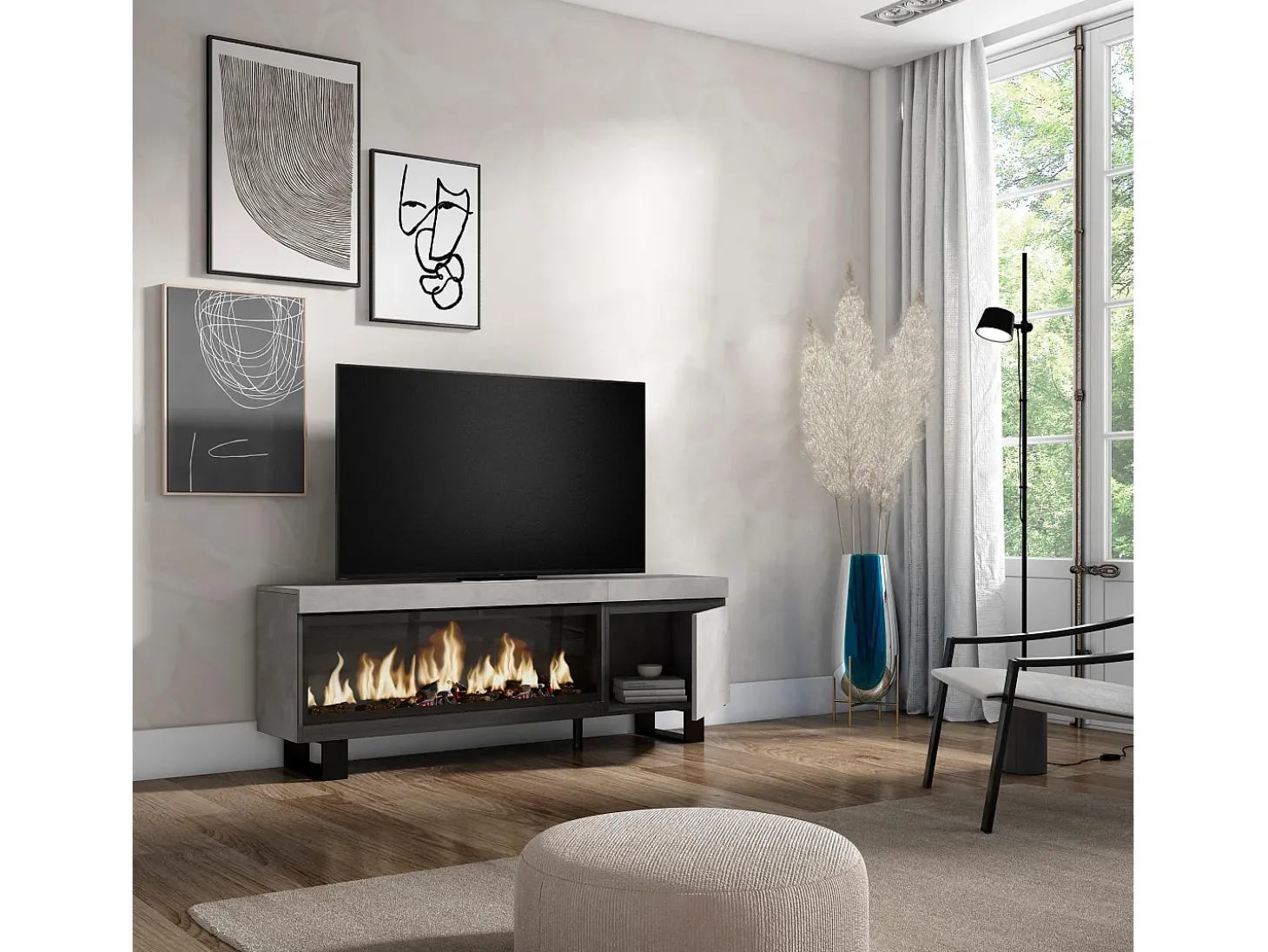 Móvel de TV, 158x35x57cm, Para televisores até 65", Lareira eléctrica XXL, Design industrial, Cimento