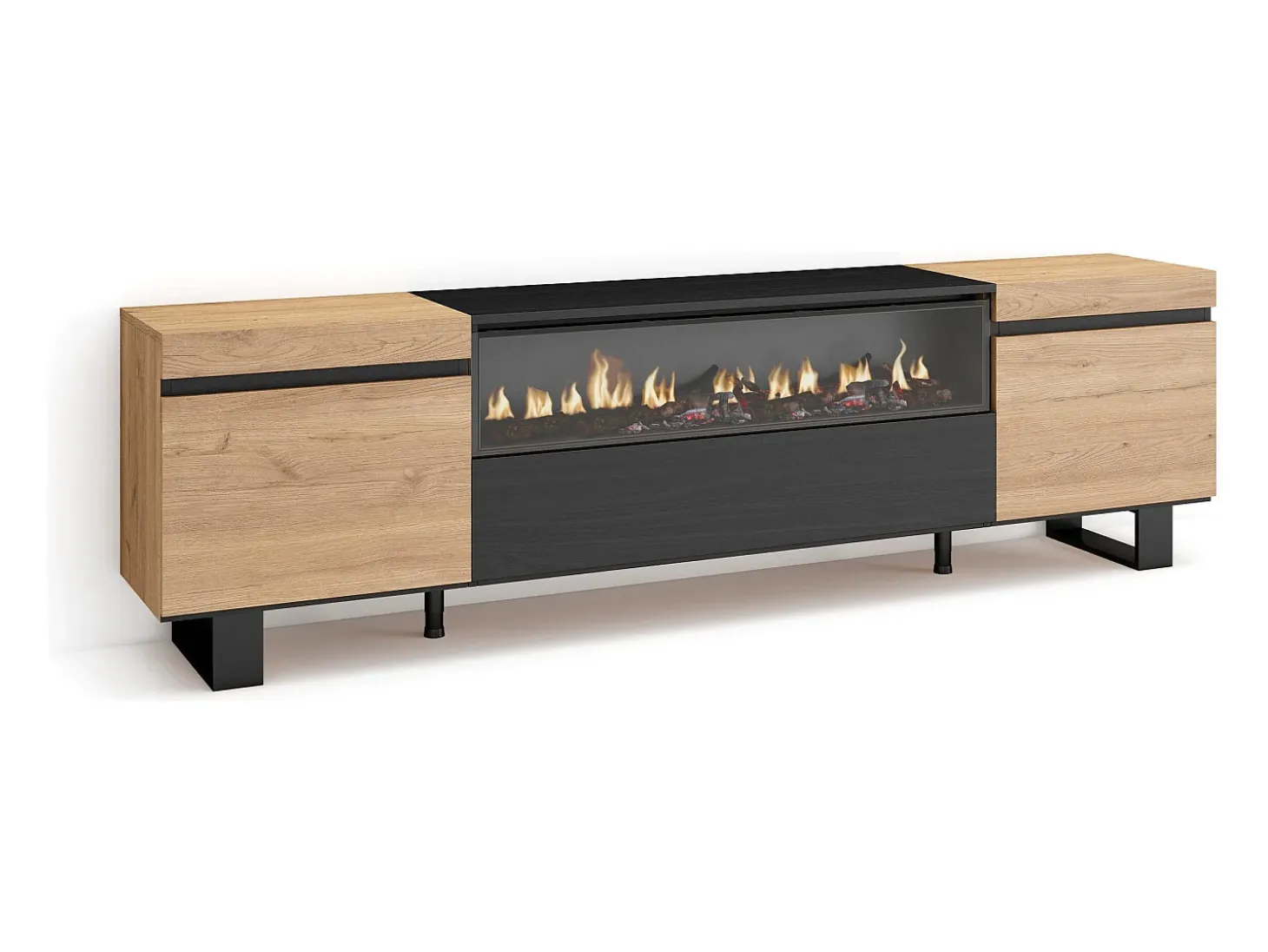 Móvel de TV, 200x35x57cm, Para televisores até 80", Lareira eléctrica, Design industrial, Carvahlo e preto
