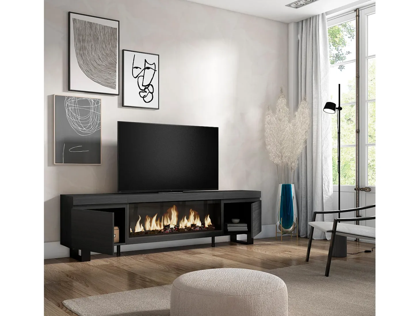 Móvel de TV, 208x35x57cm, Para televisores até 80", Lareira eléctrica XXL, Design industrial, Preto