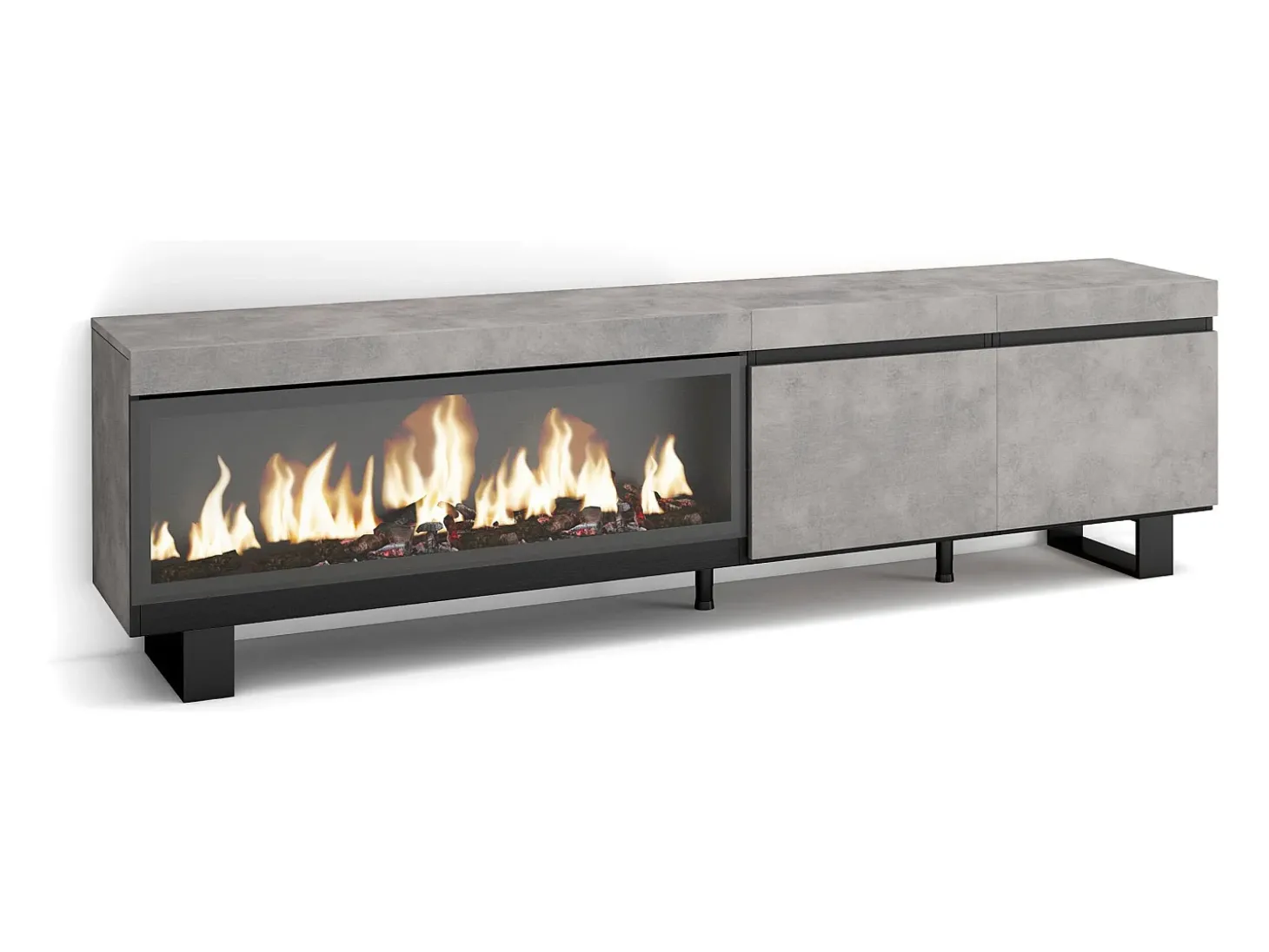 Móvel de TV, 208x35x57cm, Para televisores até 80", Lareira eléctrica XXL, Design industrial, Cimento
