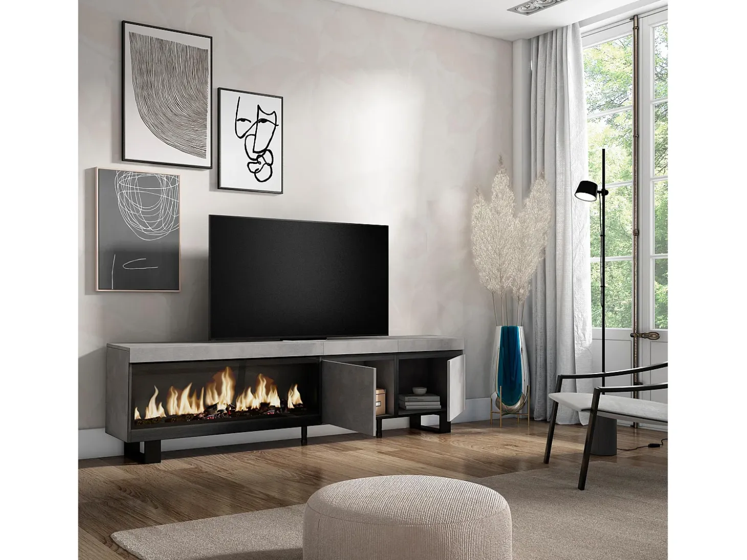 Móvel de TV, 208x35x57cm, Para televisores até 80", Lareira eléctrica XXL, Design industrial, Cimento