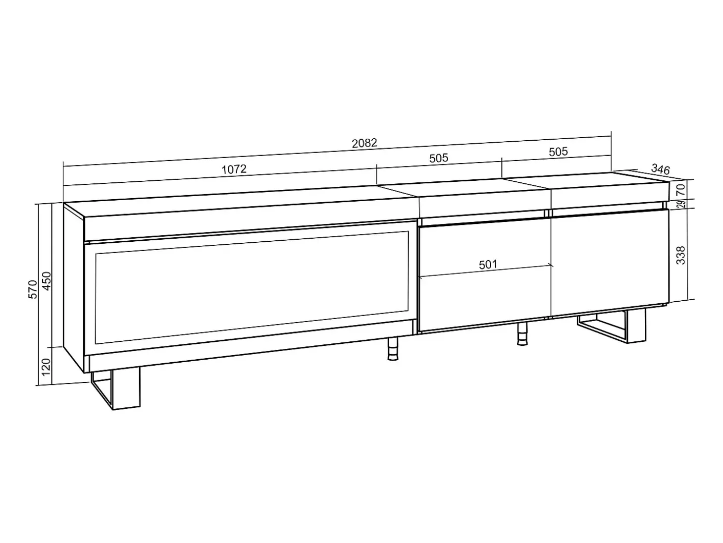 Móvel de TV, 208x35x57cm, Para televisores até 80", Lareira eléctrica XXL, Design industrial, Cimento