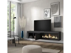 Móvel de TV, 208x35x45cm, Para televisores até 80", Lareira eléctrica XXL, Suspensos, Preto