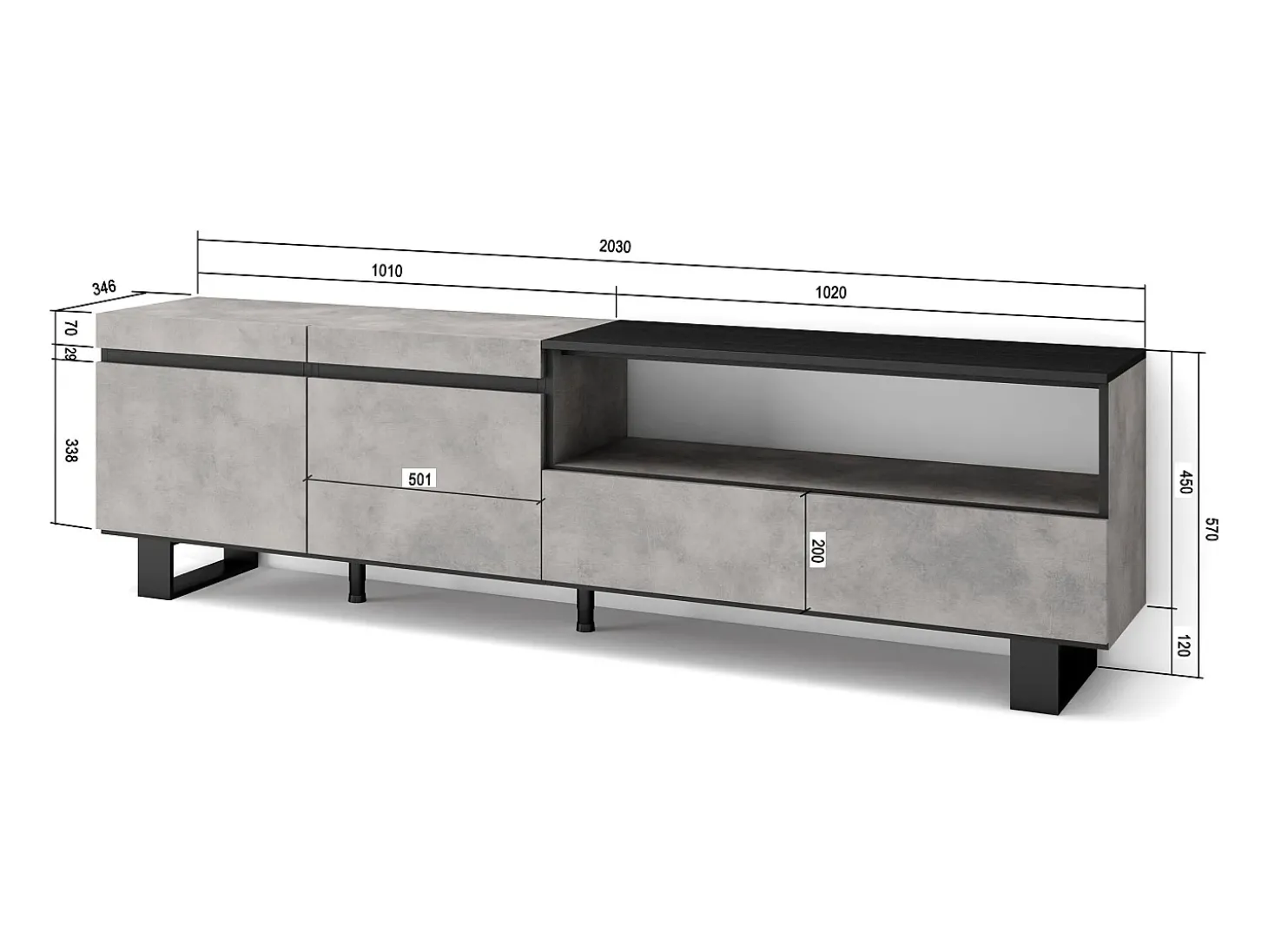 Móvel de TV, 200x35x57cm, Para televisores até 80", Design industrial, Cimento