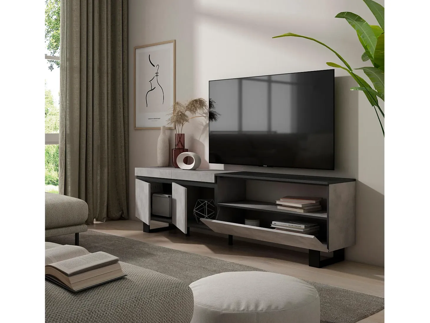 Móvel de TV, 200x35x57cm, Para televisores até 80", Design industrial, Cimento