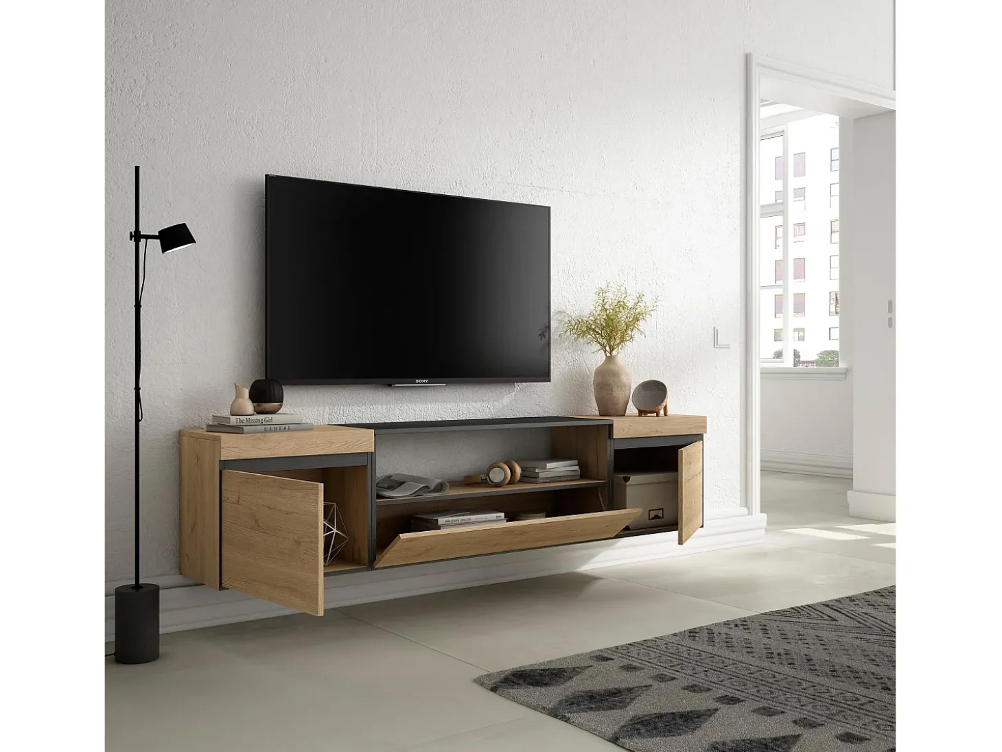 Móvel de TV, 200x35x45cm, Para televisores até 80", Suspensos, Carvahlo e preto