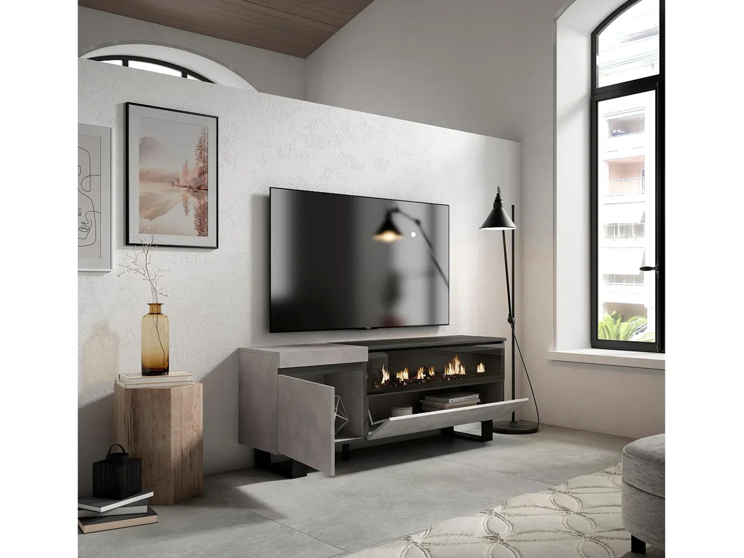 Móvel de TV, 150x35x57cm, Para televisores até 65", Lareira eléctrica, Design industrial, Cimento