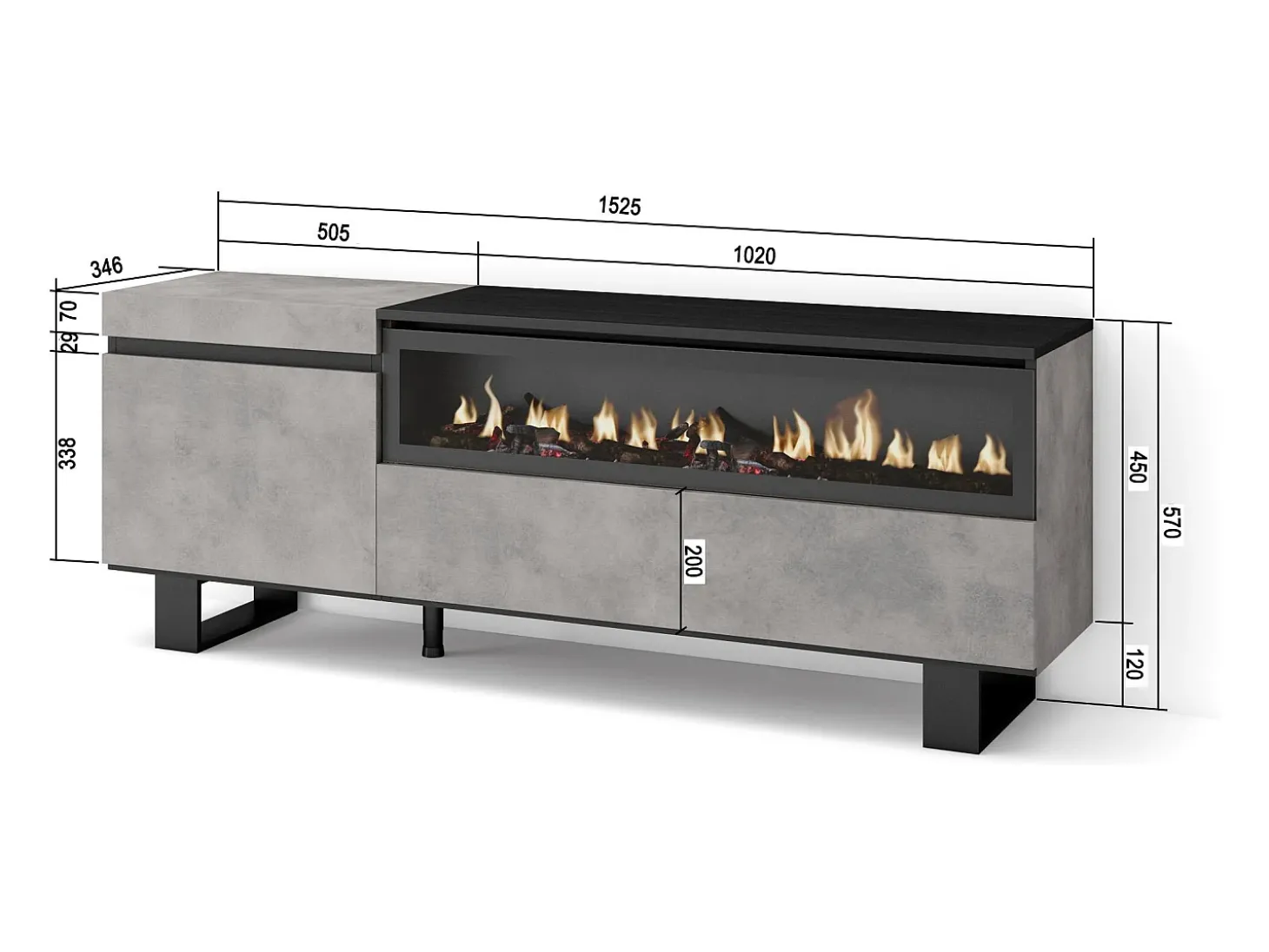 Móvel de TV, 150x35x57cm, Para televisores até 65", Lareira eléctrica, Design industrial, Cimento