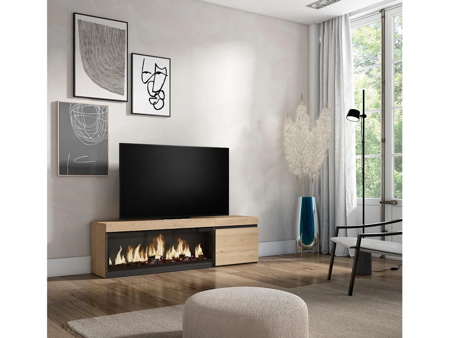 Móvel de TV, 158x35x45cm, Para televisores até 65", Lareira eléctrica XXL, Carvahlo