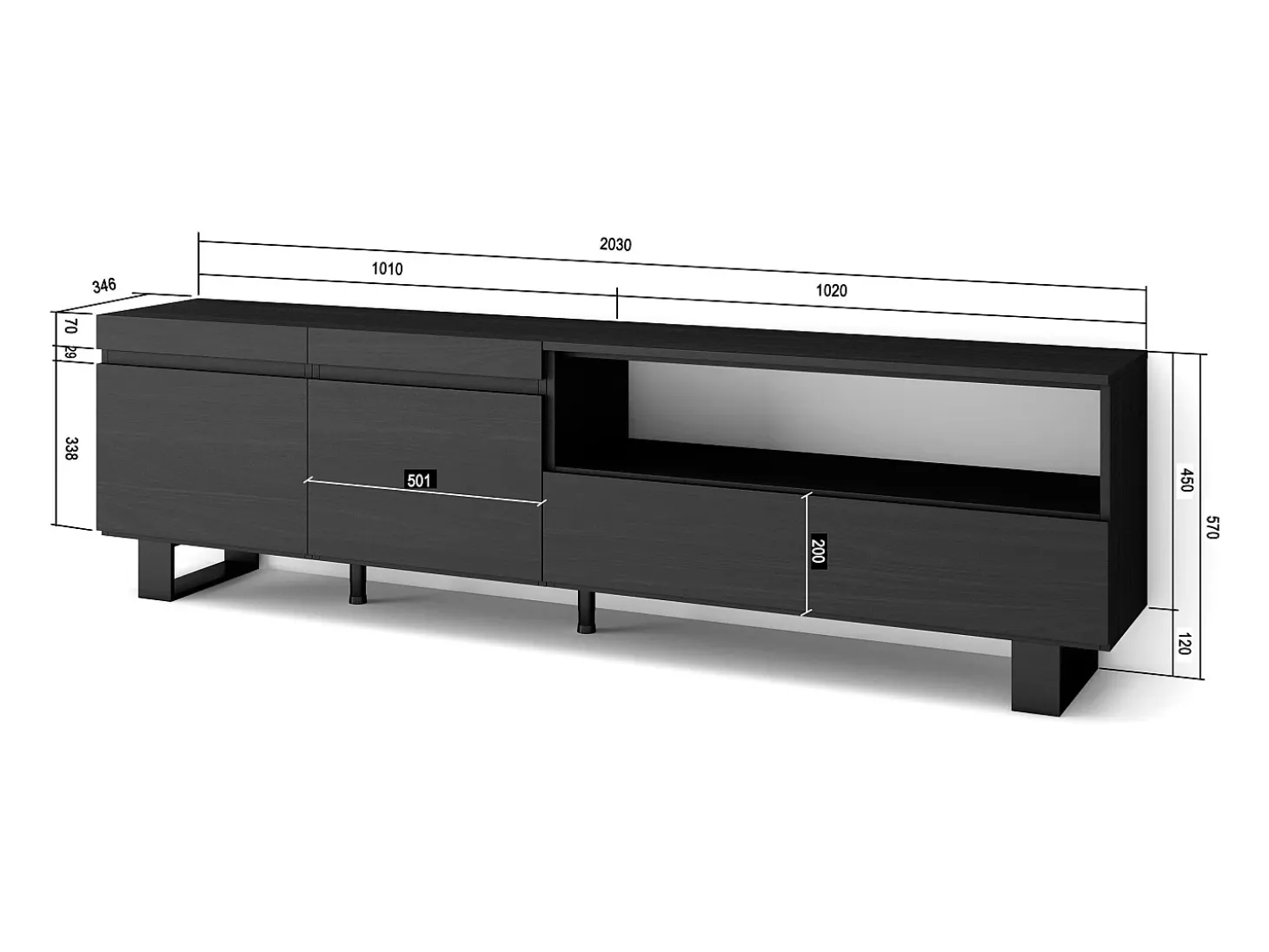 Móvel de TV, 200x35x57cm, Para televisores até 80", Design industrial, Preto
