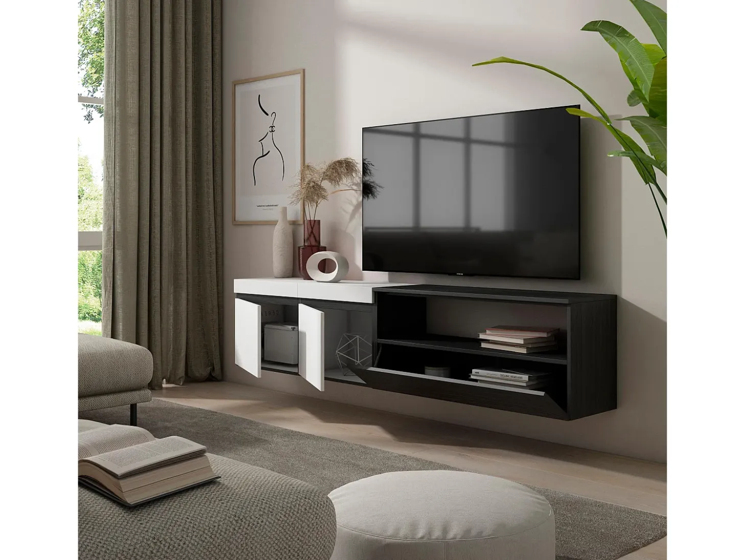 Móvel de TV, 200x35x45cm, Para televisores até 80", Suspensos, Branco e preto
