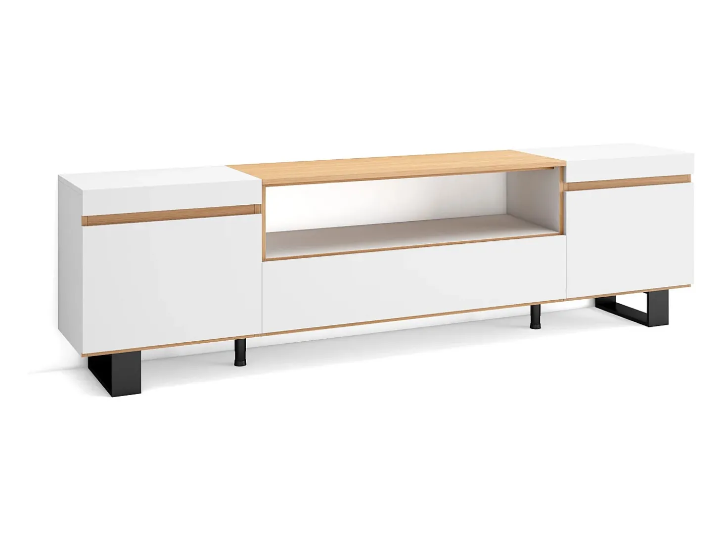 Móvel de TV, 200x35x57cm, Para televisores até 80", Design industrial, Branco e Carvalho soft