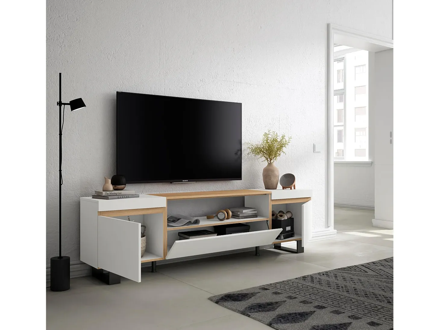 Móvel de TV, 200x35x57cm, Para televisores até 80", Design industrial, Branco e Carvalho soft