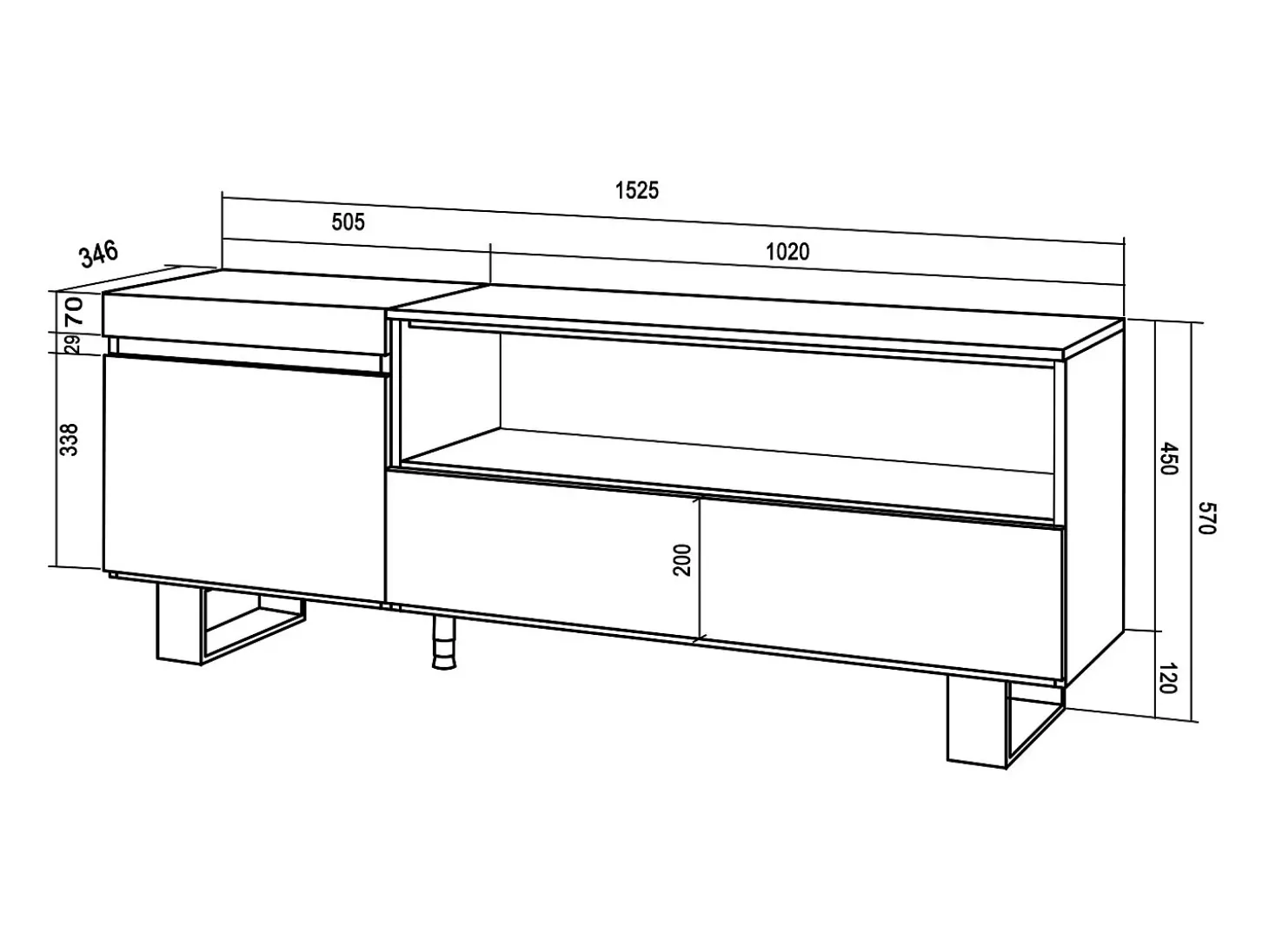 Móvel de TV, 150x35x57cm, Para televisores até 65", Design industrial, Branco e preto