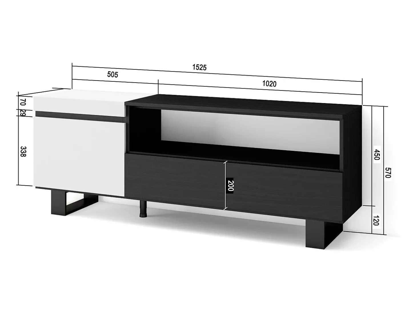 Móvel de TV, 150x35x57cm, Para televisores até 65", Design industrial, Branco e preto