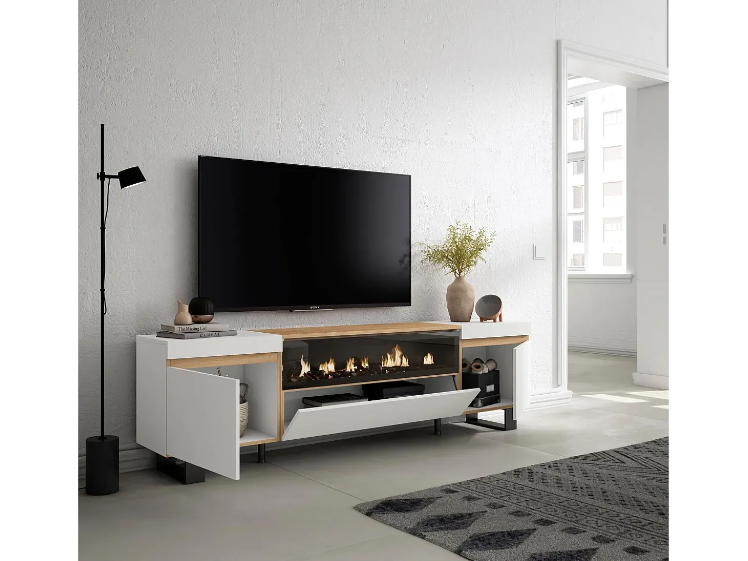 Móvel de TV, 200x35x57cm, Para televisores até 80", Lareira eléctrica, Design industrial, Branco e Carvalho soft