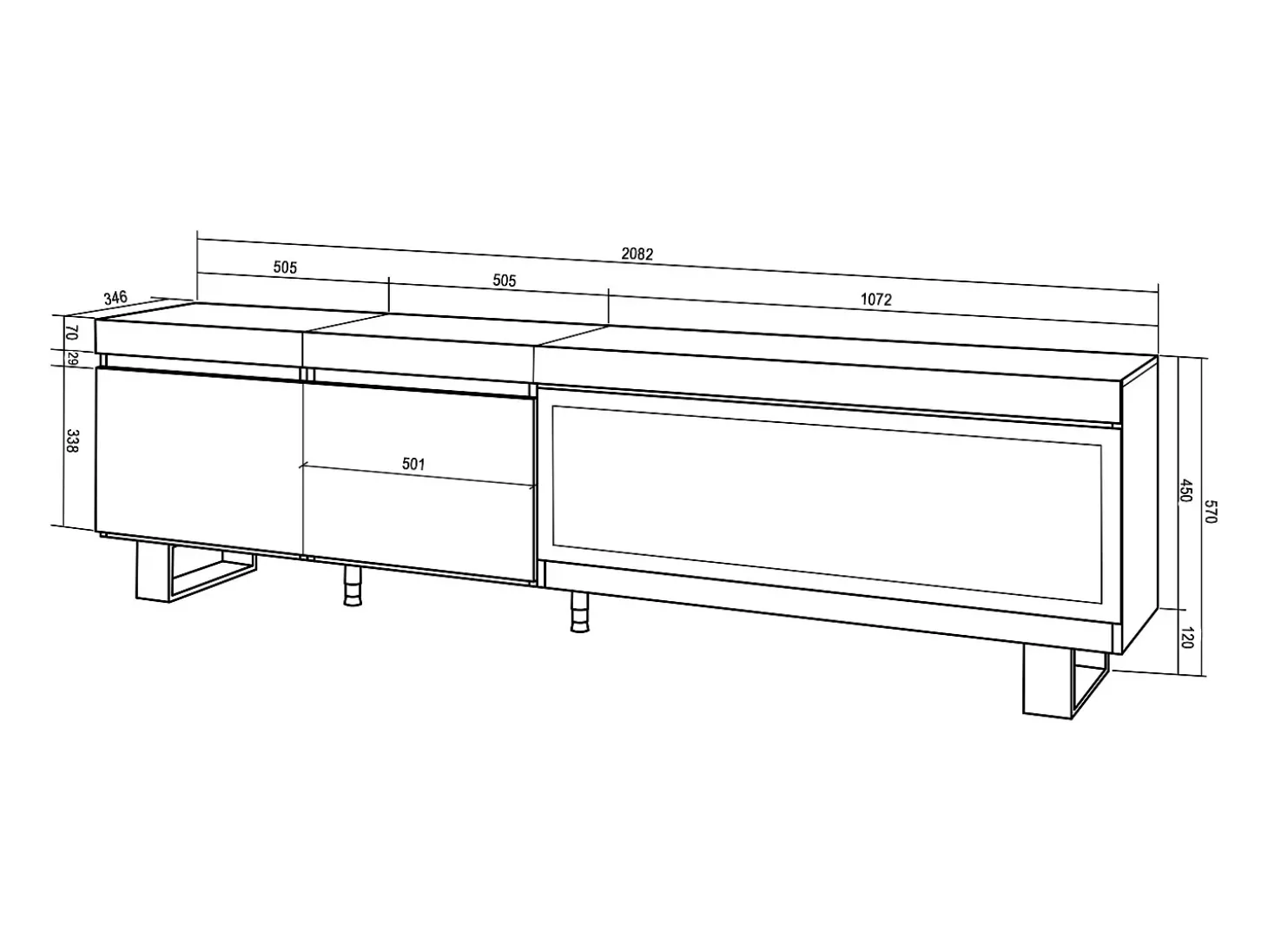 Móvel de TV, 208x35x57cm, Para televisores até 80", Lareira eléctrica XXL, Design industrial, Cimento