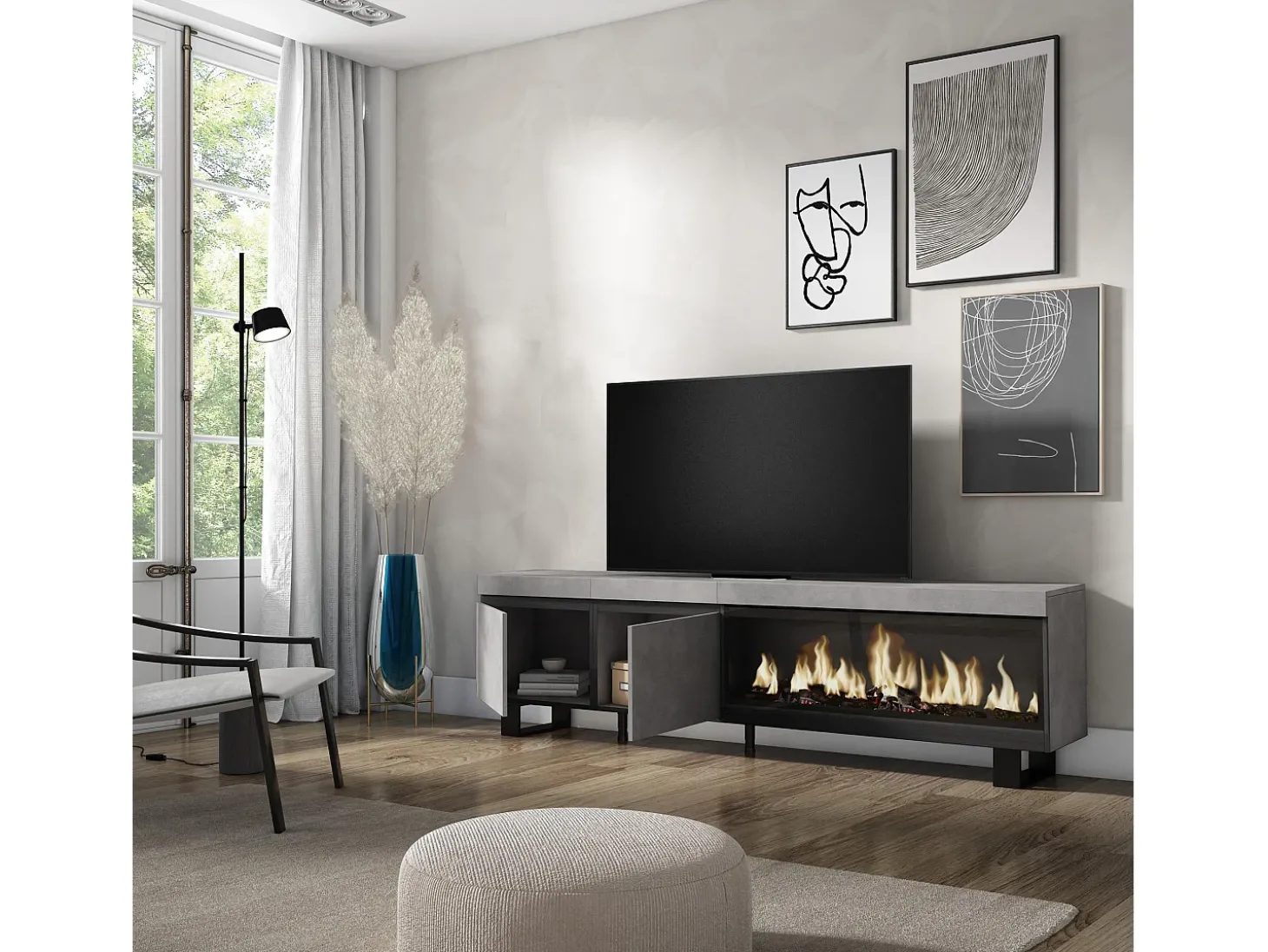 Móvel de TV, 208x35x57cm, Para televisores até 80", Lareira eléctrica XXL, Design industrial, Cimento