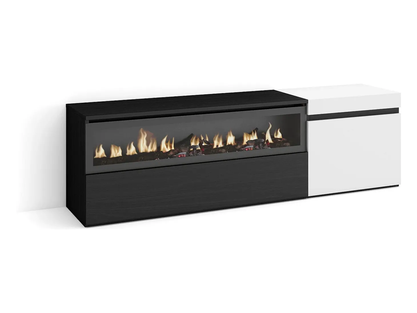 Móvel de TV, 150x35x45cm, Para televisores até 65", Lareira eléctrica, Branco e preto