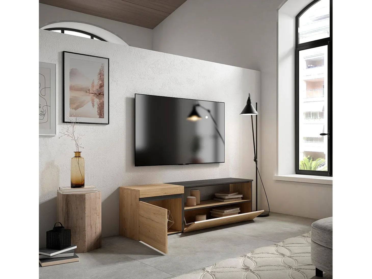 Móvel de TV, 150x35x45cm, Para televisores até 65", Estante para TV, Carvahlo e preto