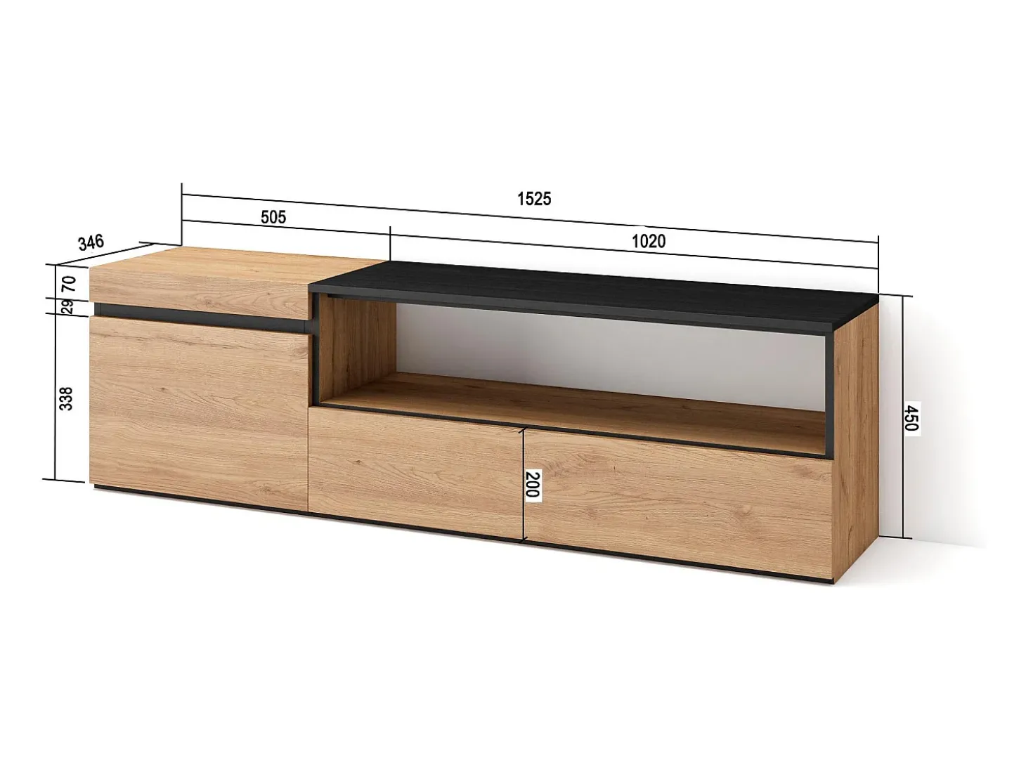 Móvel de TV, 150x35x45cm, Para televisores até 65", Estante para TV, Carvahlo e preto