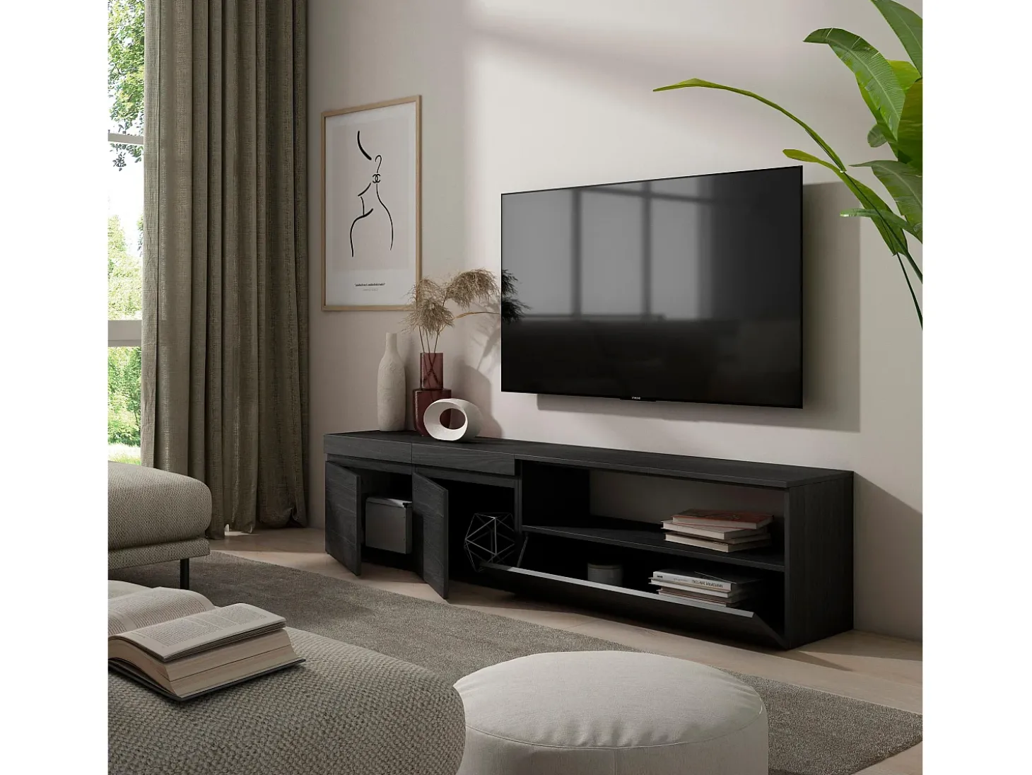 Móvel de TV, 200x35x45cm, Para televisores até 80", Estante para TV, Preto