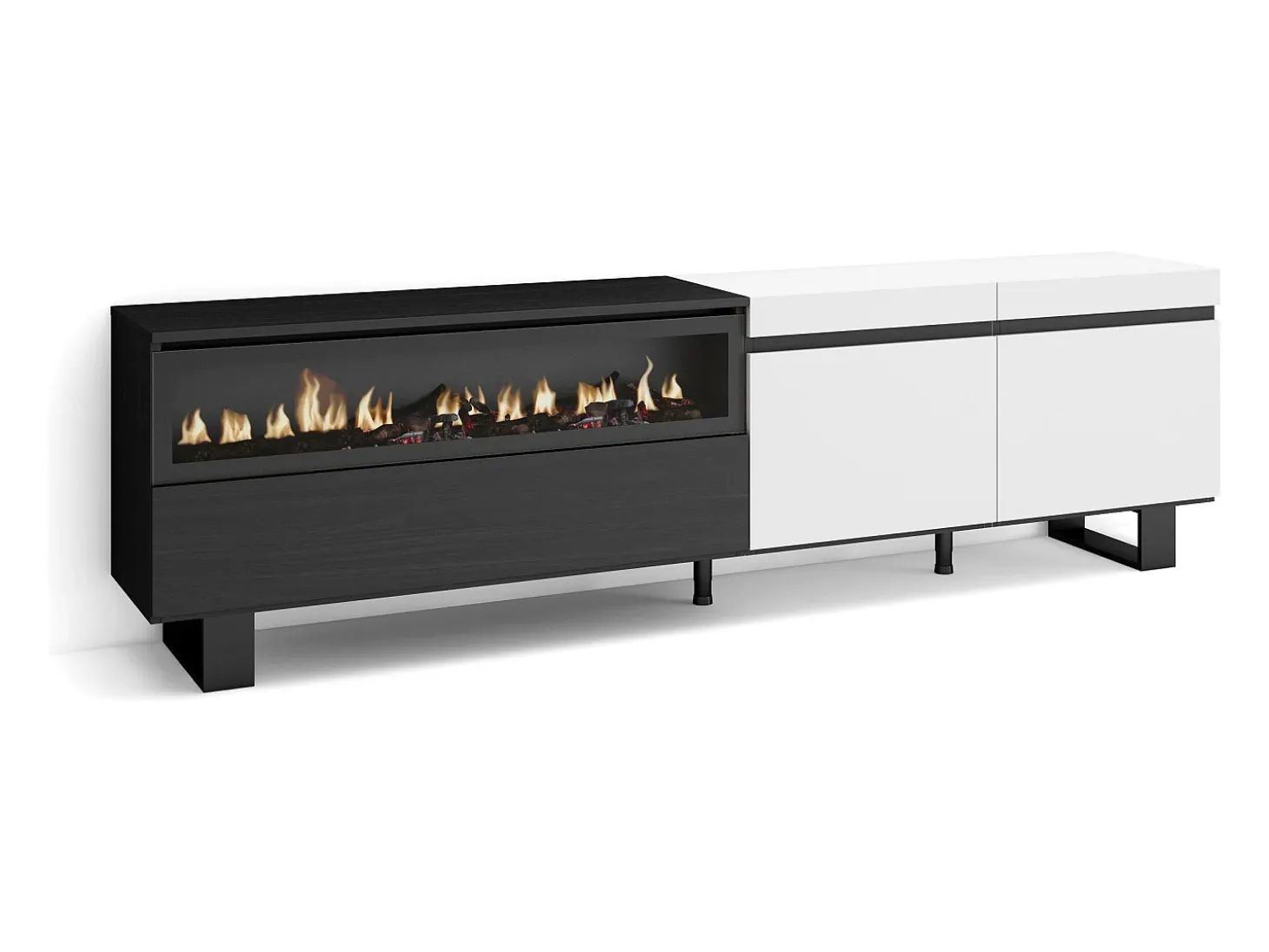 Móvel de TV, 200x35x57cm, Para televisores até 80", Lareira eléctrica, Design industrial, Branco e preto