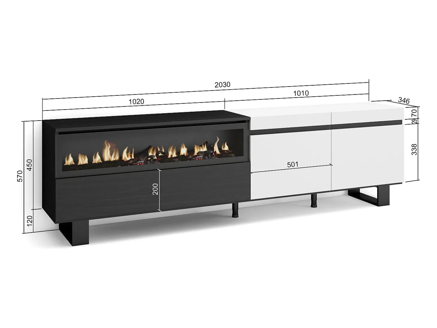Móvel de TV, 200x35x57cm, Para televisores até 80", Lareira eléctrica, Design industrial, Branco e preto